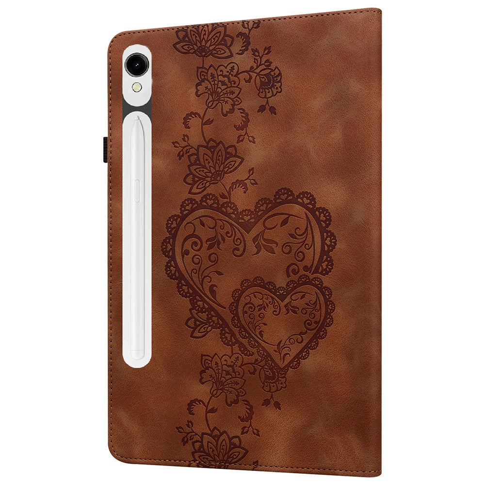 Leather Case For Samsung Galaxy Tab S10 Lite / S10 FE / S9 FE / S9 Heart Imprint Foldable Stand Card Slot Stylus Holder Tablet Cover