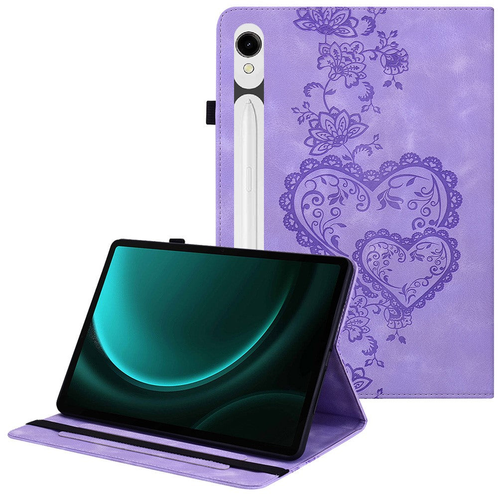 Leather Case For Samsung Galaxy Tab S10 Lite / S10 FE / S9 FE / S9 Heart Imprint Foldable Stand Card Slot Stylus Holder Tablet Cover