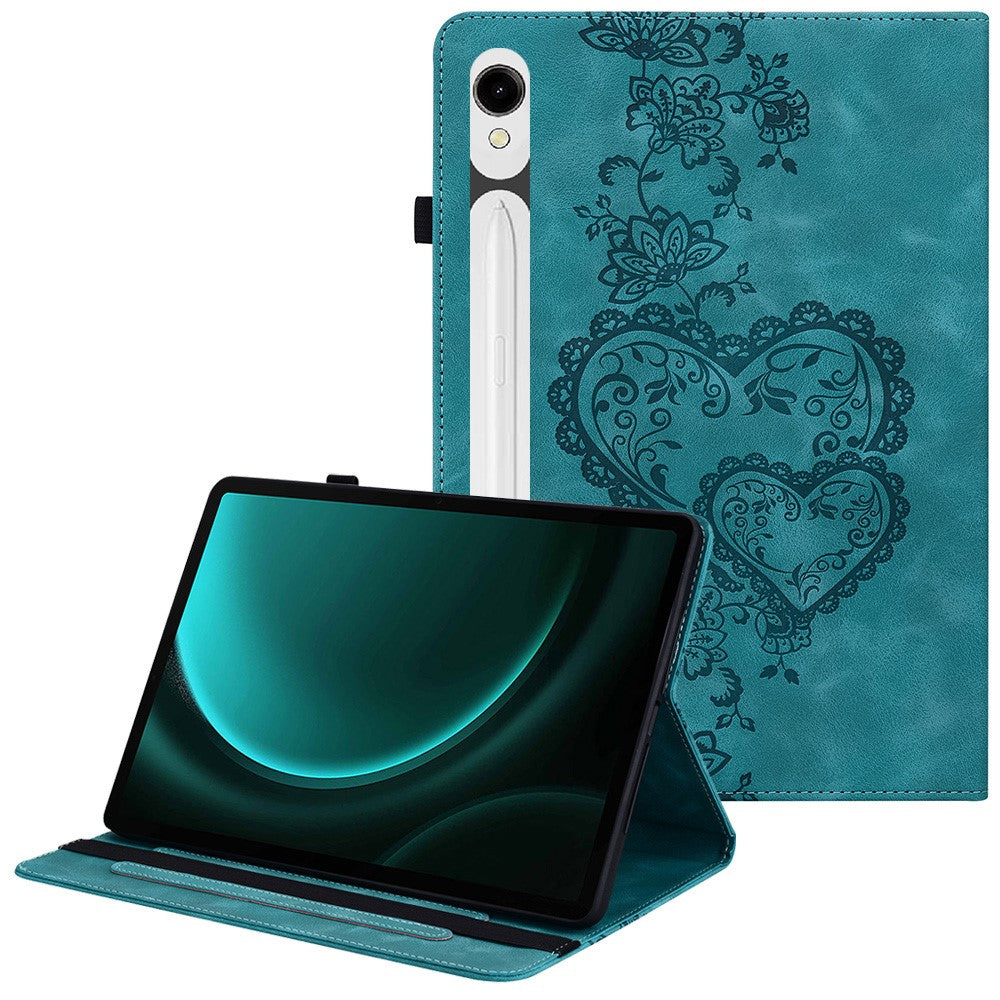 Leather Case For Samsung Galaxy Tab S10 Lite / S10 FE / S9 FE / S9 Heart Imprint Foldable Stand Card Slot Stylus Holder Tablet Cover