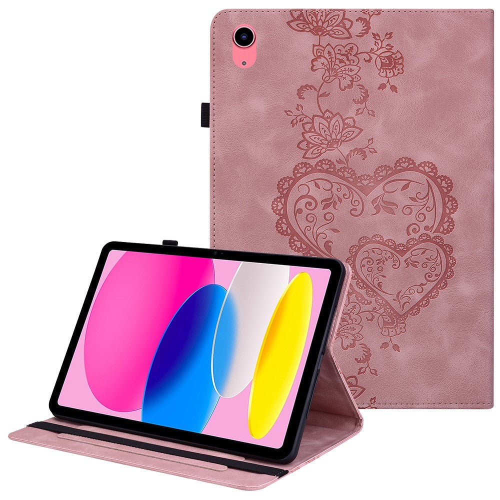For iPad (2025)  /  10.9 (2022) Leather Case Heart Imprint Foldable Stand Card Slot Stylus Holder Tablet Cover