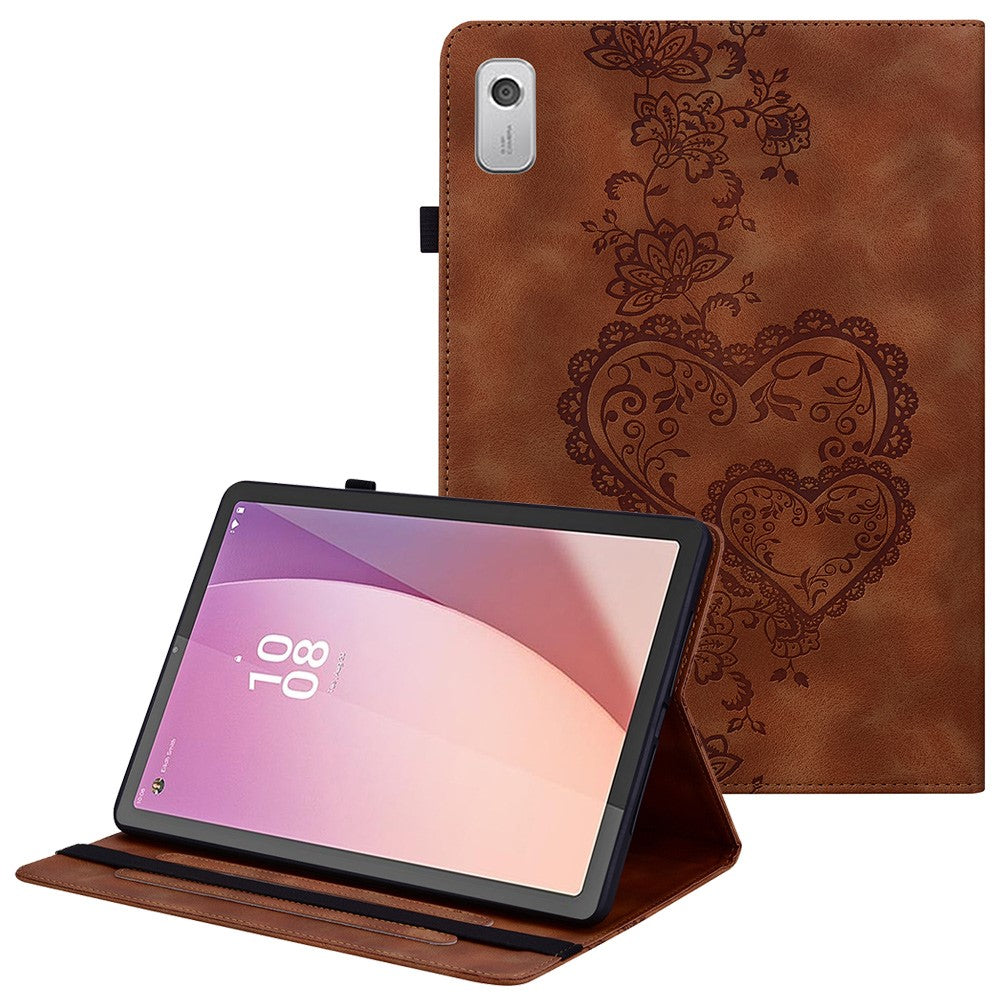 Læderetui til Lenovo Tab M9 TB-310FU med præget hjerte, sammenfoldeligt stativ, kortholder og holder til stylus, tabletcover