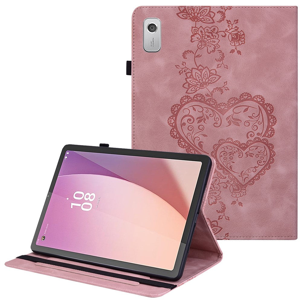 Læderetui til Lenovo Tab M9 TB-310FU med præget hjerte, sammenfoldeligt stativ, kortholder og holder til stylus, tabletcover
