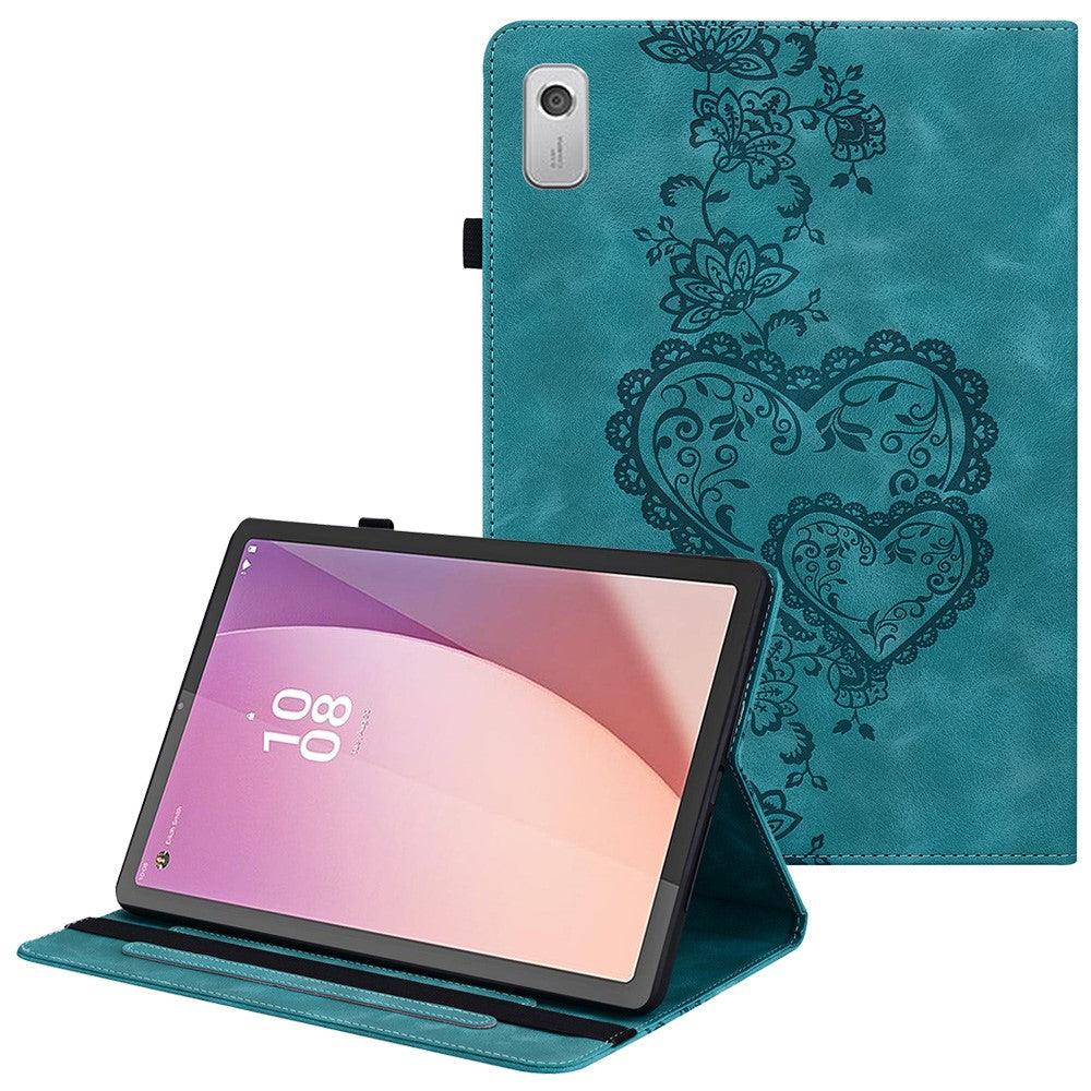 Læderetui til Lenovo Tab M9 TB-310FU med præget hjerte, sammenfoldeligt stativ, kortholder og holder til stylus, tabletcover