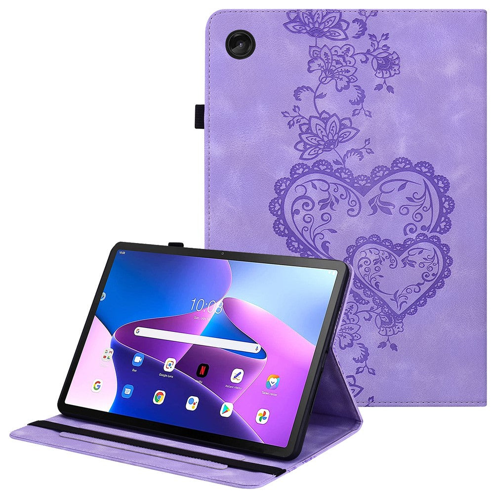 For Lenovo Tab M10 (Gen 3) Leather Case Heart Imprint Foldable Stand Card Slot Stylus Holder Tablet Cover