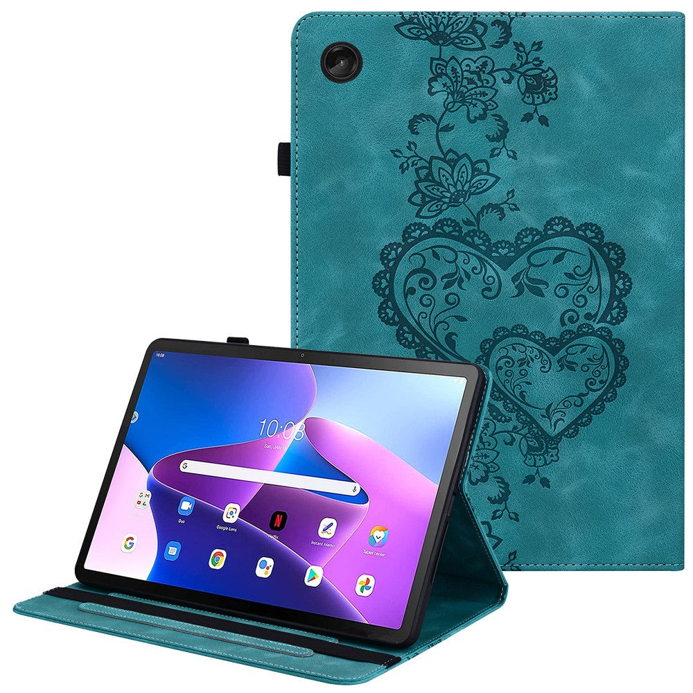 For Lenovo Tab M10 (Gen 3) Leather Case Heart Imprint Foldable Stand Card Slot Stylus Holder Tablet Cover