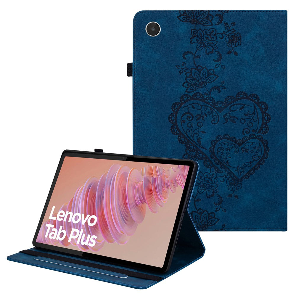 For Lenovo Tab Plus Leather Case Heart Imprint Foldable Stand Card Slot Stylus Holder Tablet Cover