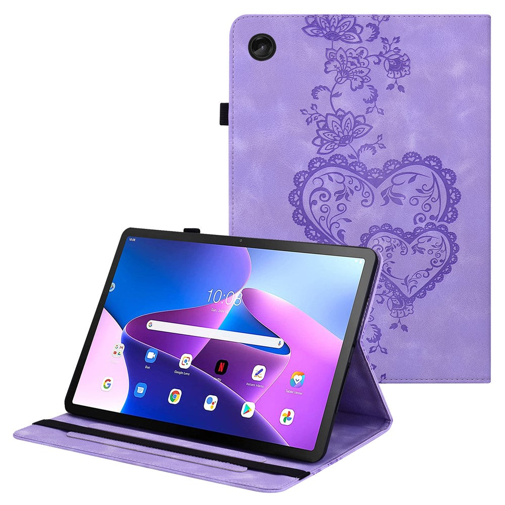 For Lenovo Tab M10 Plus (3rd Gen) Leather Case Heart Imprint Foldable Stand Card Slot Stylus Holder Tablet Cover