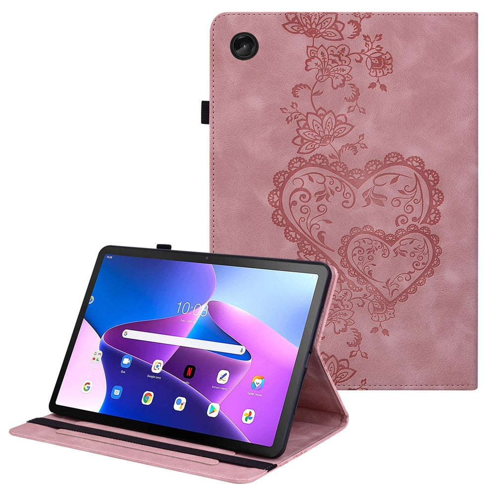 For Lenovo Tab M10 Plus (3rd Gen) Leather Case Heart Imprint Foldable Stand Card Slot Stylus Holder Tablet Cover