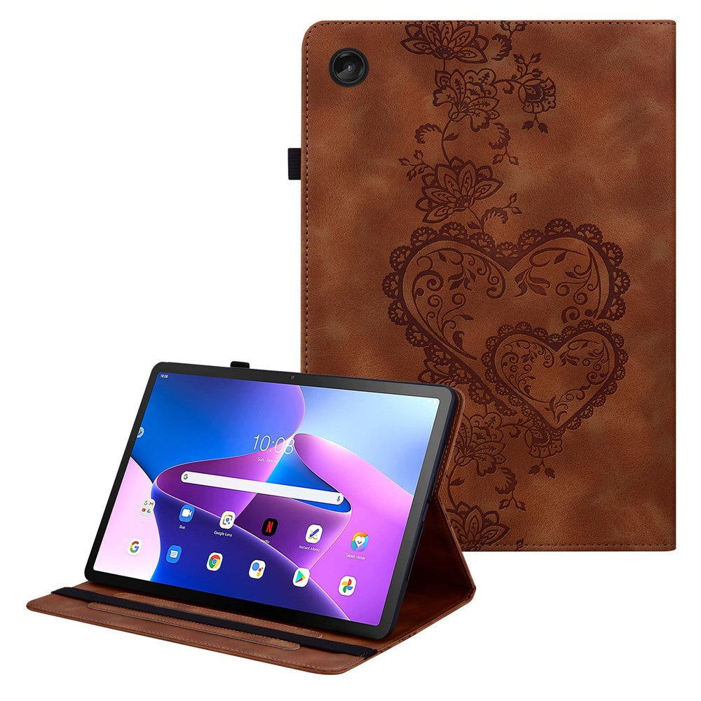For Lenovo Tab M10 Plus (3rd Gen) Leather Case Heart Imprint Foldable Stand Card Slot Stylus Holder Tablet Cover