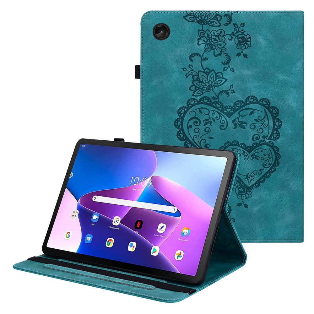For Lenovo Tab M10 Plus (3rd Gen) Leather Case Heart Imprint Foldable Stand Card Slot Stylus Holder Tablet Cover