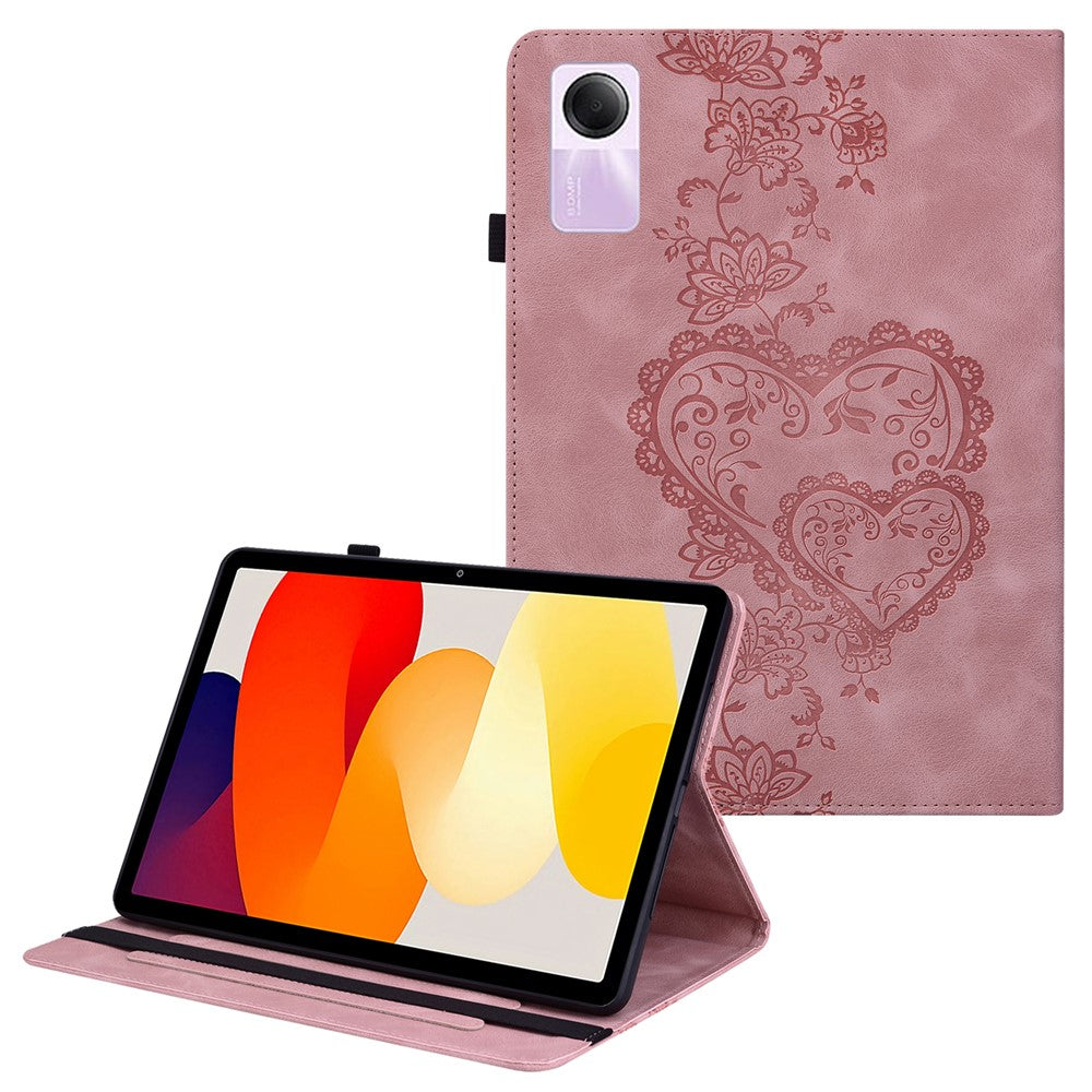 For Xiaomi Redmi Pad SE Leather Case Heart Imprint Foldable Stand Card Slot Stylus Holder Tablet Cover