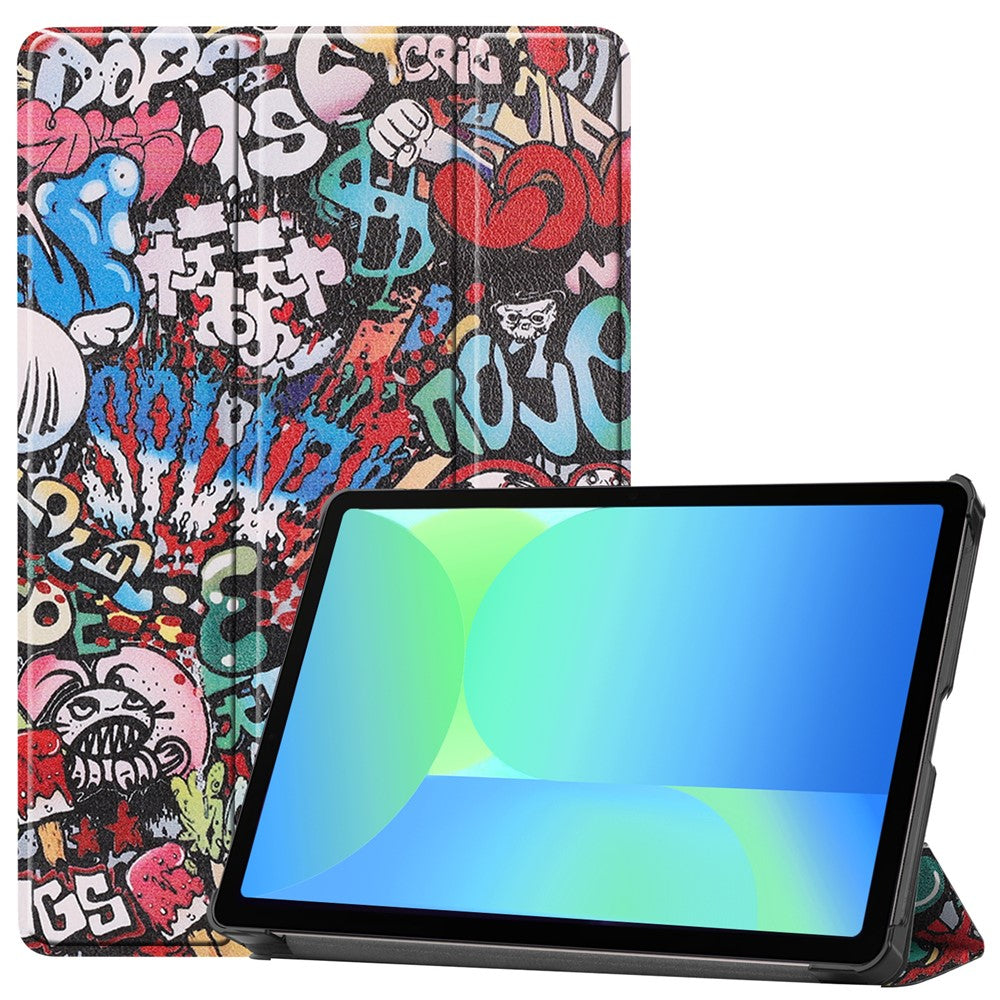 Til Samsung Galaxy Tab S10 Lite / S10 FE / S9 FE etui med mønstertryk i læder og stander til tablet