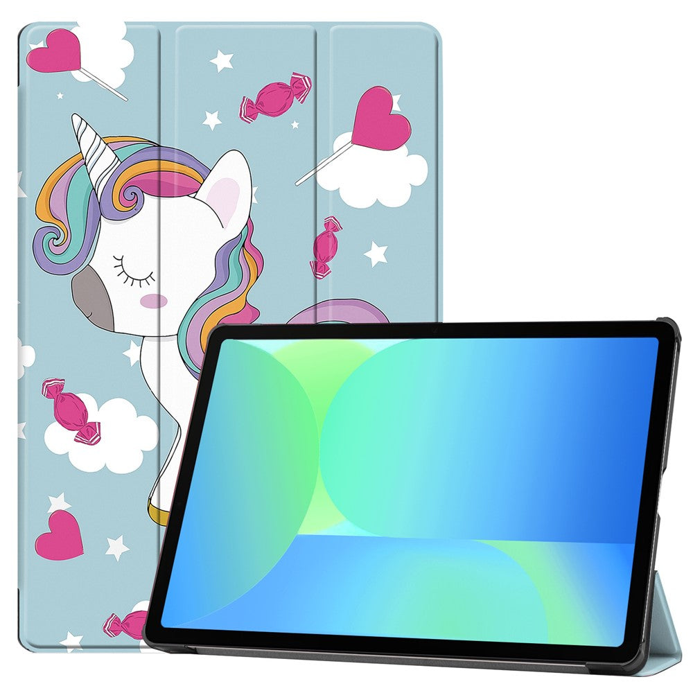 Til Samsung Galaxy Tab S10 Lite / S10 FE / S9 FE etui med mønstertryk i læder og stander til tablet