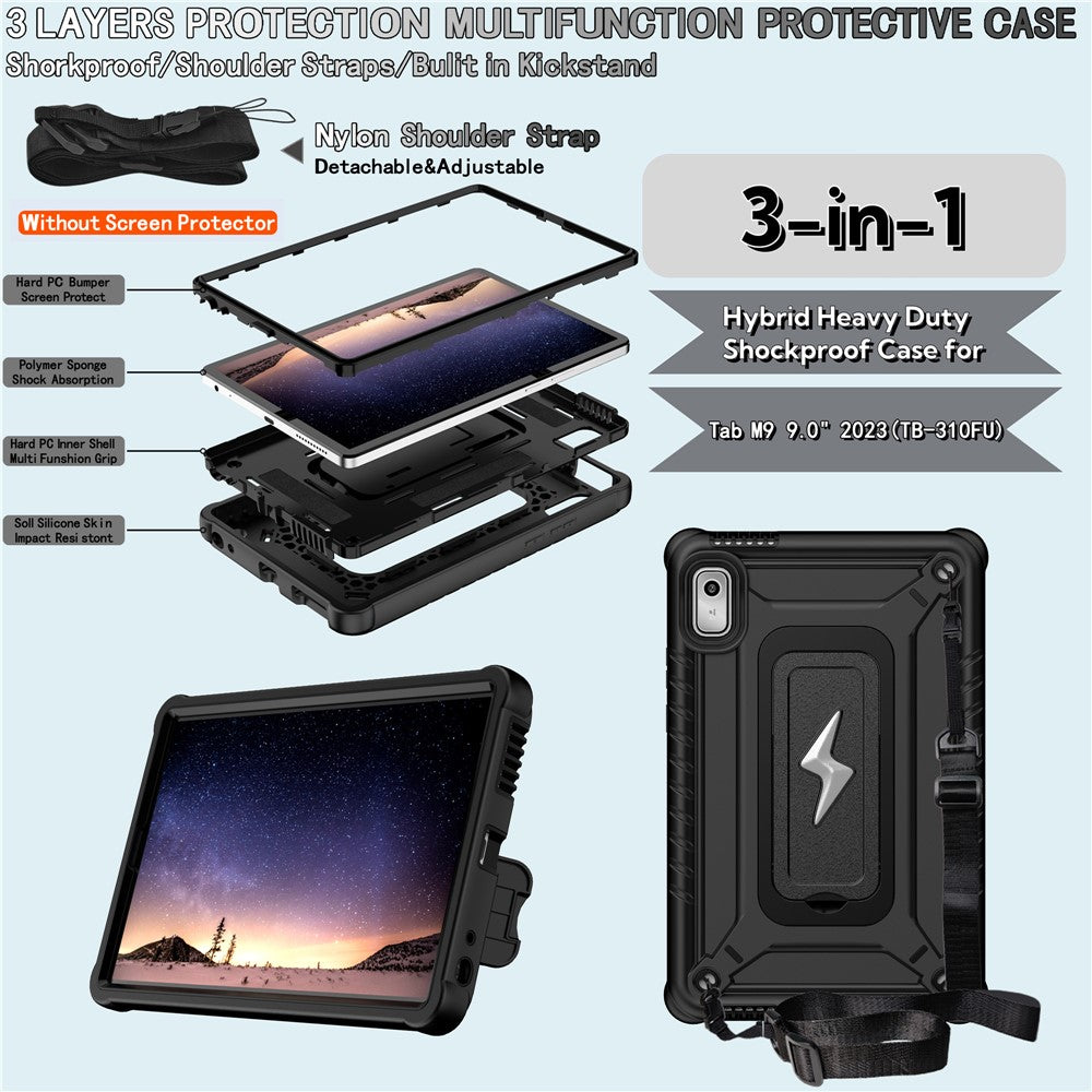 For Lenovo Nook 9 inch (2024) / Tab M9 TB-310FU TB-310FX Case Kickstand PC + Silicone Tablet Cover with Shoulder Strap