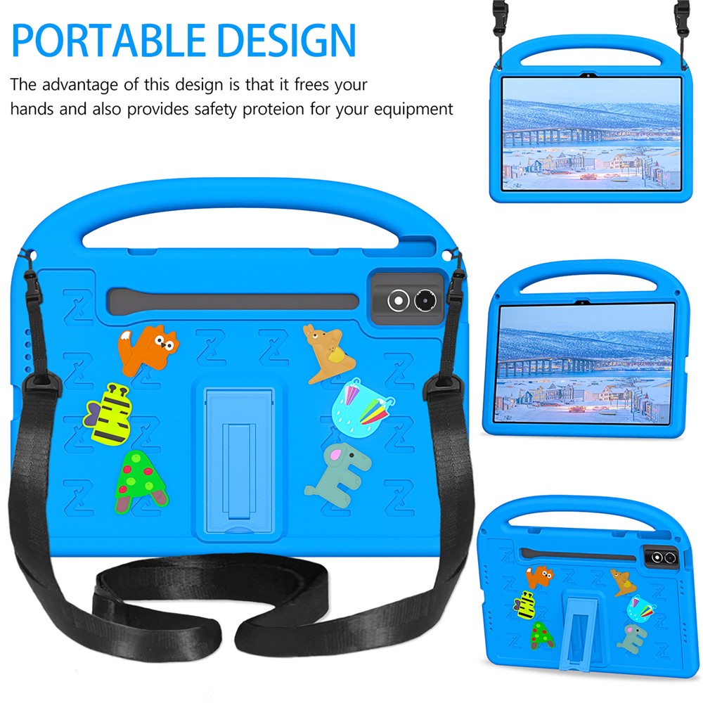 Etu i med støttefod, tegneseriedesign og stødabsorberende EVA+PC-tabletcover med rem til børn, til Lenovo Tab P12 / Xiaoxin Pad Pro 12.7 (2025) / Xiaoxin Pad Plus 12.7 / Yoga Pad Pro