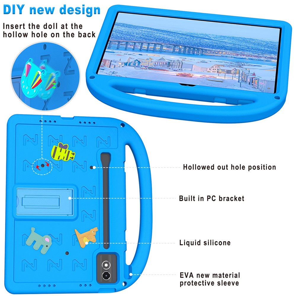 Etu i med støttefod, tegneseriedesign og stødabsorberende EVA+PC-tabletcover med rem til børn, til Lenovo Tab P12 / Xiaoxin Pad Pro 12.7 (2025) / Xiaoxin Pad Plus 12.7 / Yoga Pad Pro