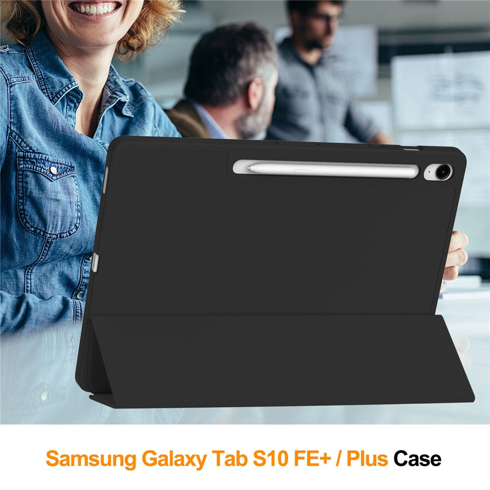 For Samsung Galaxy Tab S10 FE+ Case Trifold Stand Solid Color Leather Tablet Cover with Pen Slot