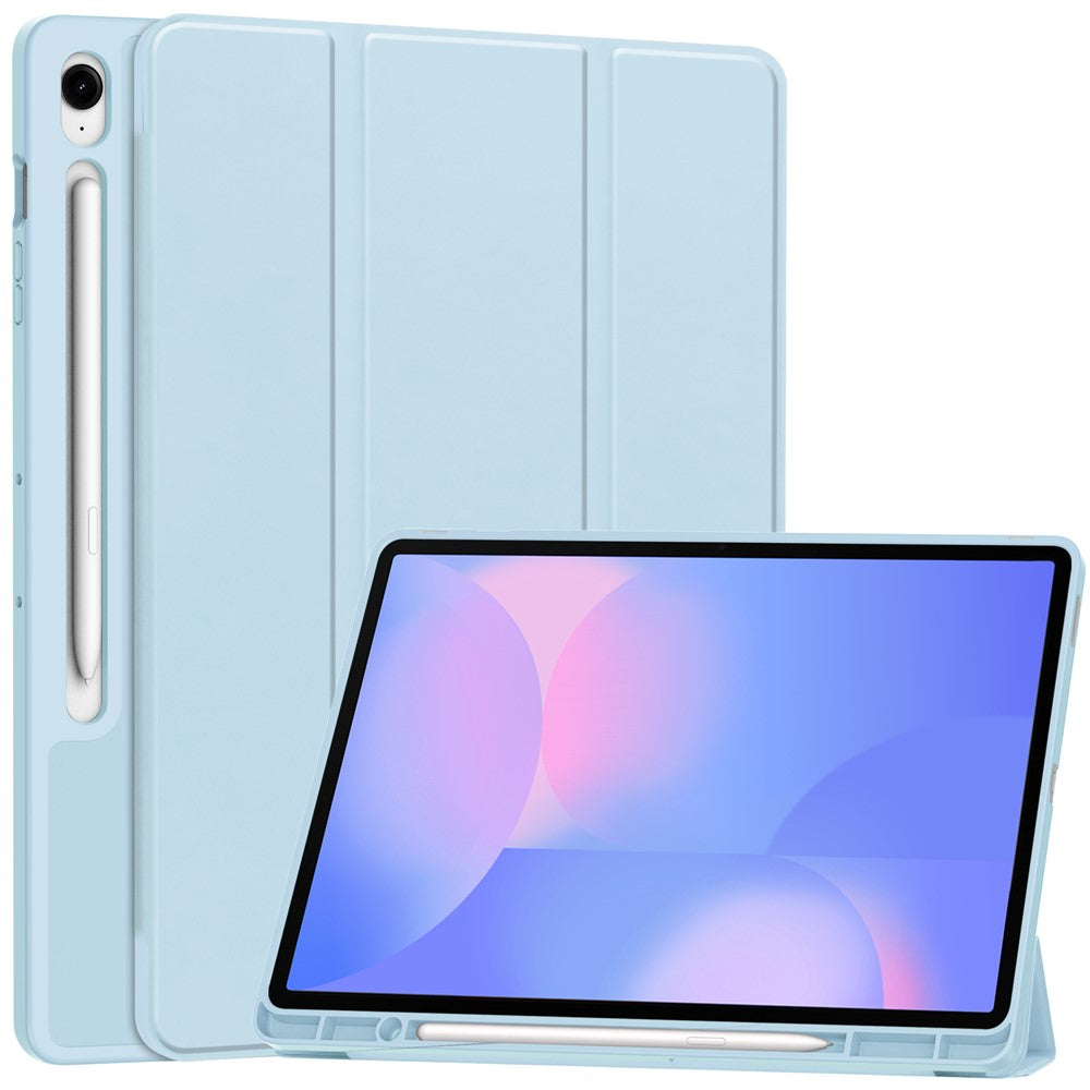 For Samsung Galaxy Tab S10 FE+ Case Trifold Stand Solid Color Leather Tablet Cover with Pen Slot