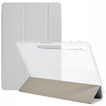 For Samsung Galaxy Tab S10 FE+ Case Tri-Fold Stand Leather + TPU + Acrylic Clear Back Tablet Cover