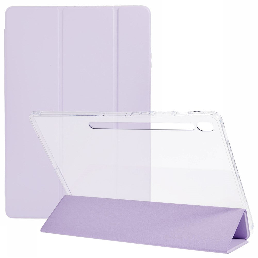 For Samsung Galaxy Tab S10 FE+ Case Tri-Fold Stand Leather + TPU + Acrylic Clear Back Tablet Cover
