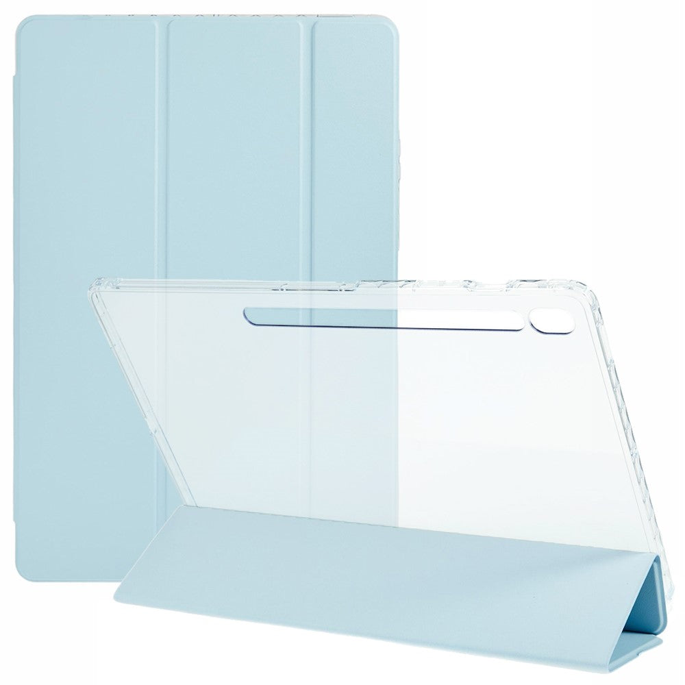 For Samsung Galaxy Tab S10 FE+ Case Tri-Fold Stand Leather + TPU + Acrylic Clear Back Tablet Cover