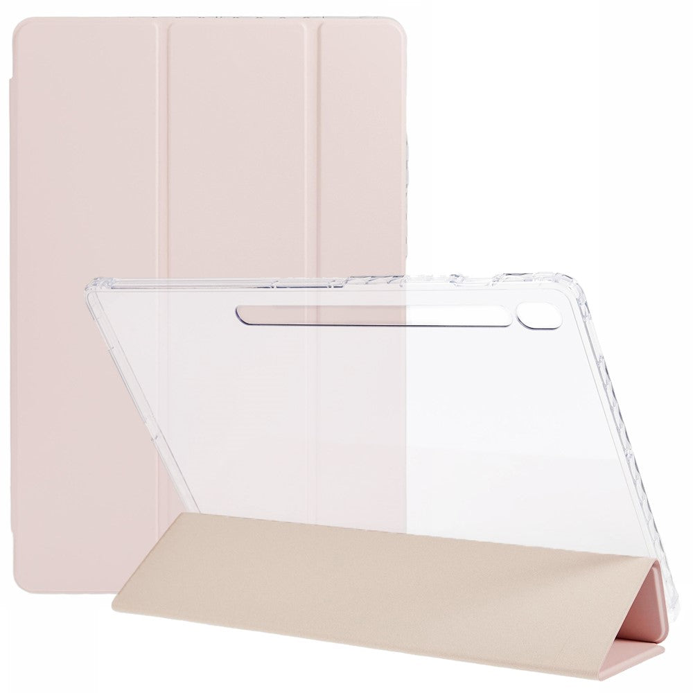 For Samsung Galaxy Tab S10 FE+ Case Tri-Fold Stand Leather + TPU + Acrylic Clear Back Tablet Cover