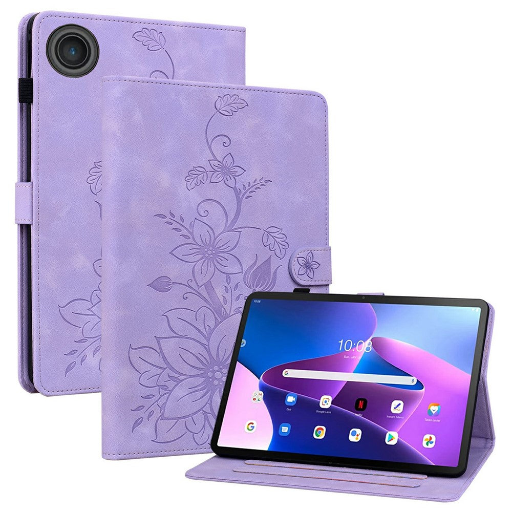 For Lenovo Tab TB311FU Case Lily Flower Imprint Card Slots Leather Tablet Cover