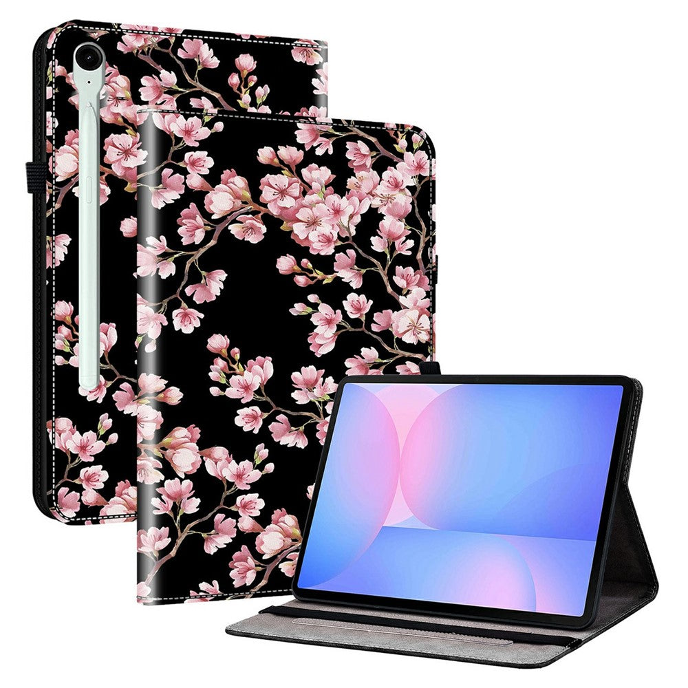 Til Samsung Galaxy Tab S10 FE+ Etui i læder med mønstertryk og stander samt kortpladser