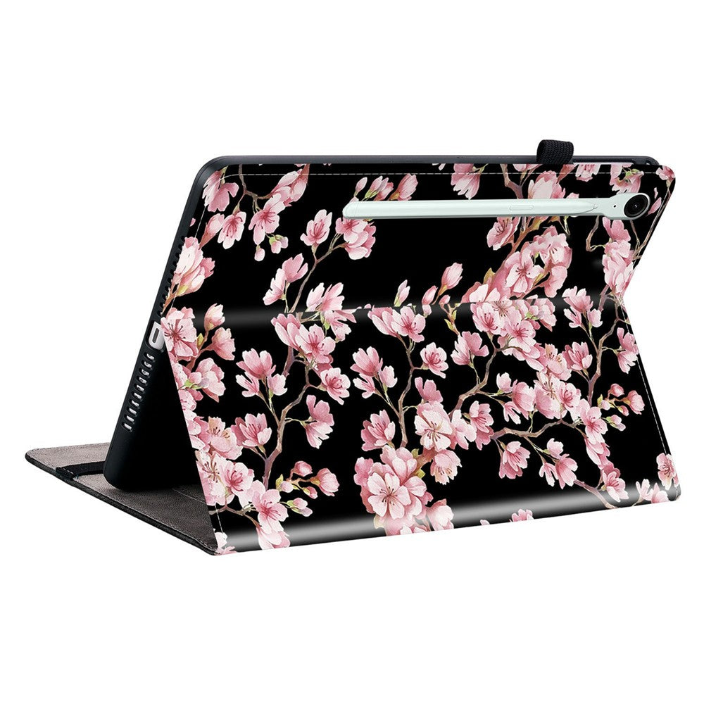 Til Samsung Galaxy Tab S10 FE+ Etui i læder med mønstertryk og stander samt kortpladser