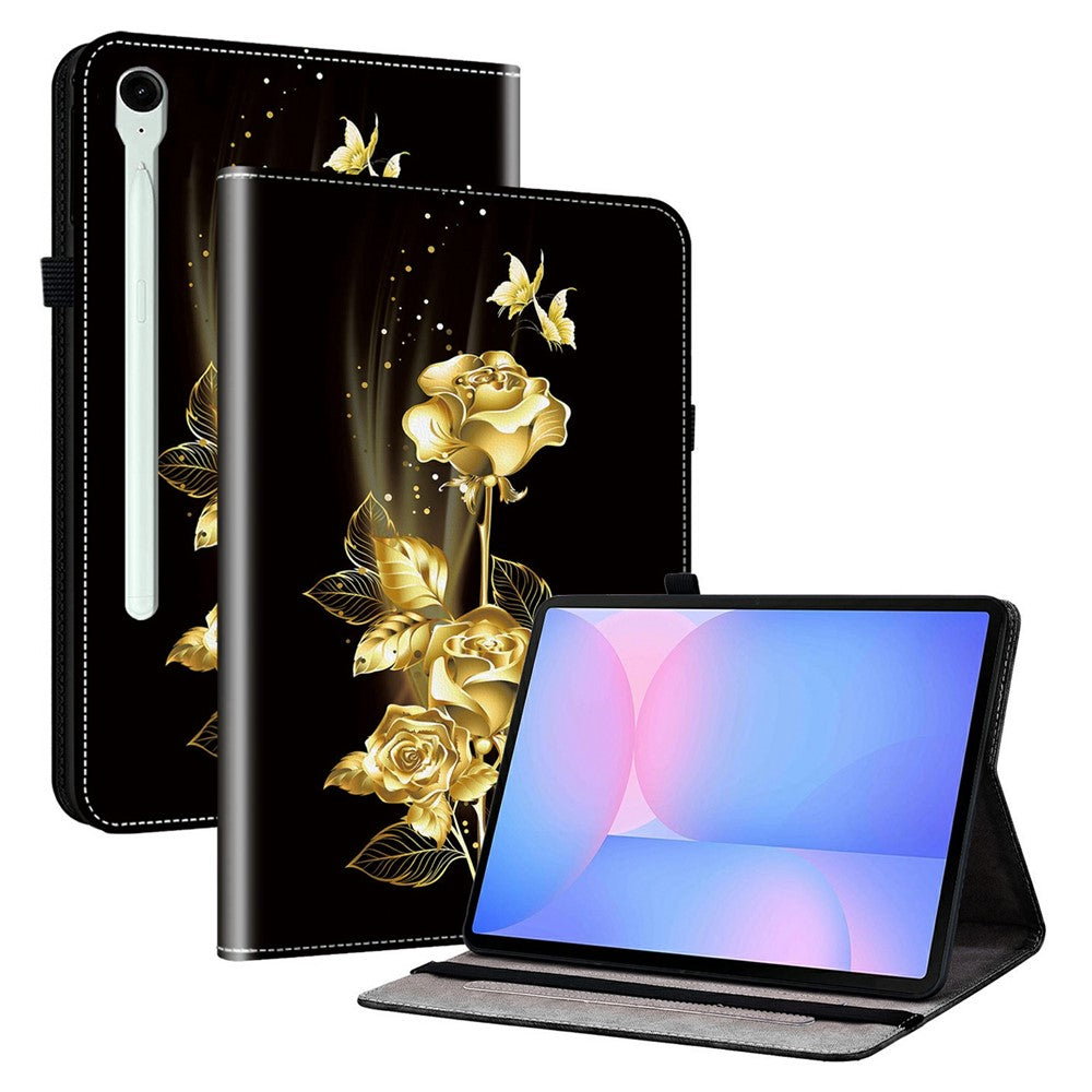 Til Samsung Galaxy Tab S10 FE+ Etui i læder med mønstertryk og stander samt kortpladser