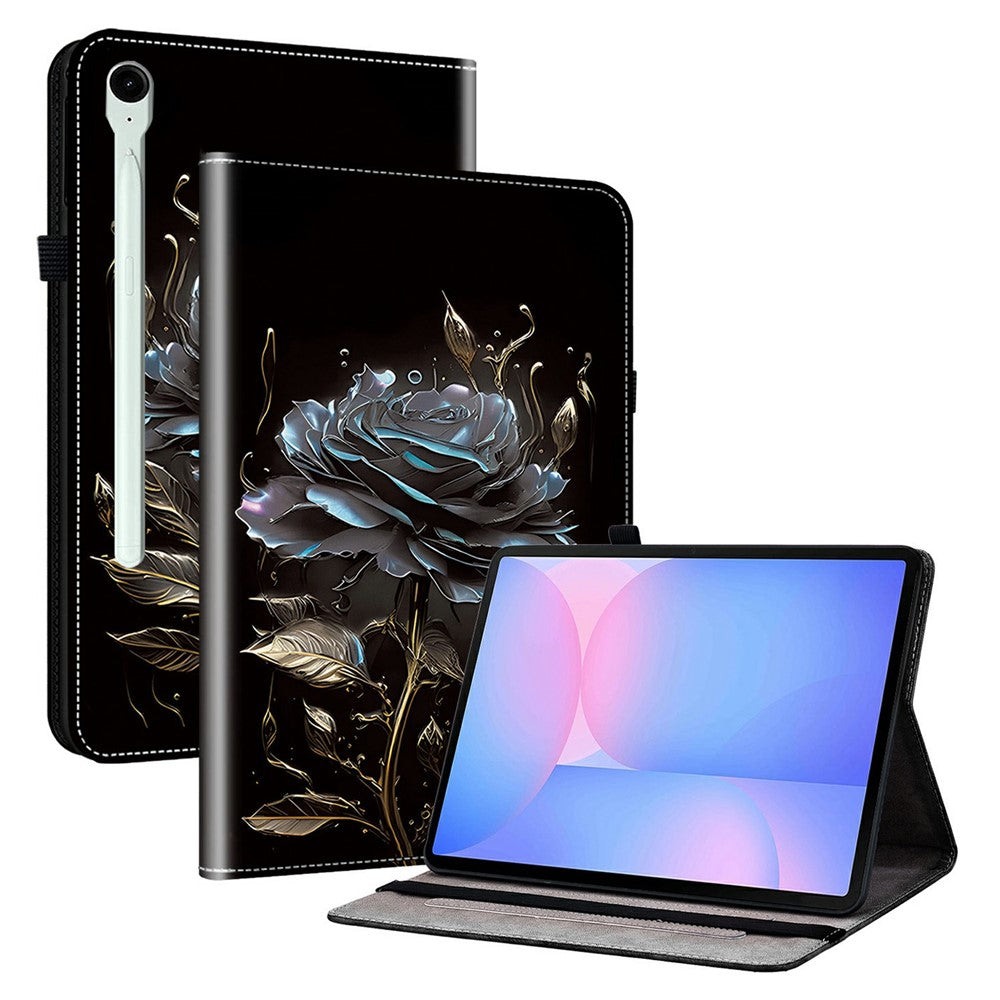 Til Samsung Galaxy Tab S10 FE+ Etui i læder med mønstertryk og stander samt kortpladser