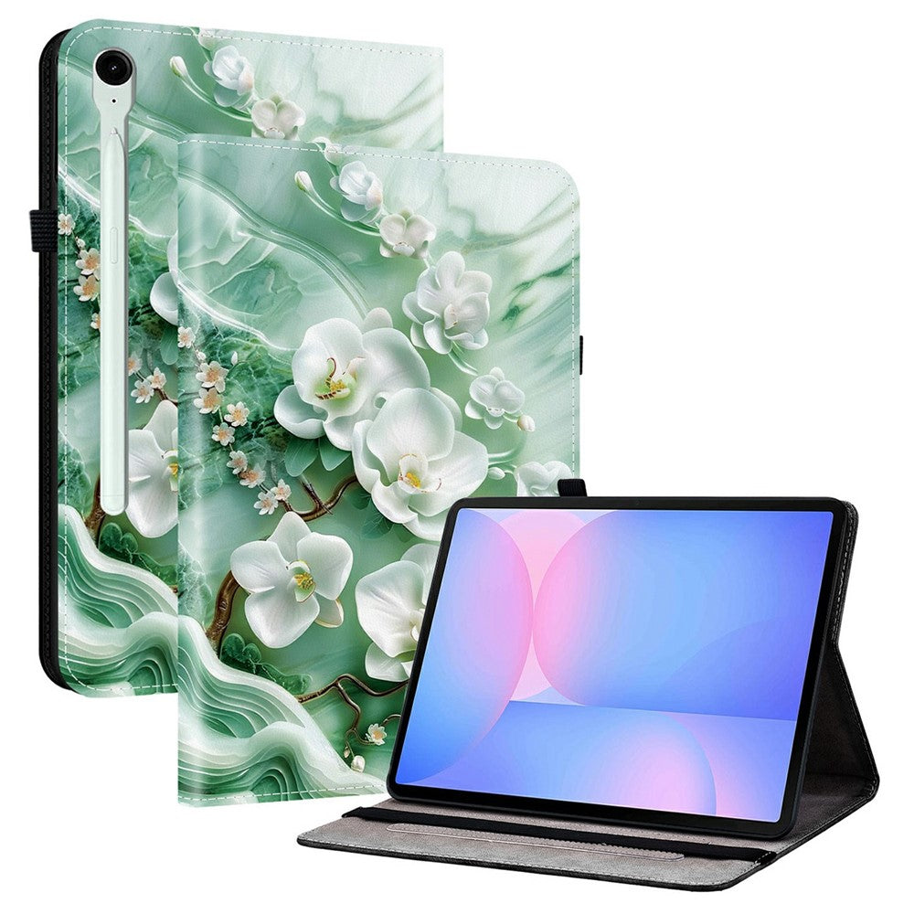 Til Samsung Galaxy Tab S10 FE+ Etui i læder med mønstertryk og standerfunktion samt kortlommer
