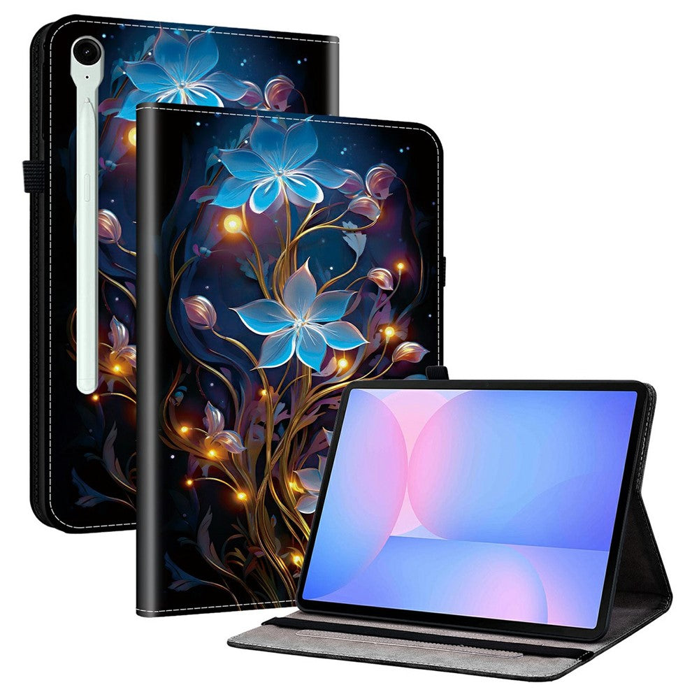 Til Samsung Galaxy Tab S10 FE+ Etui i læder med mønstertryk og standerfunktion samt kortlommer