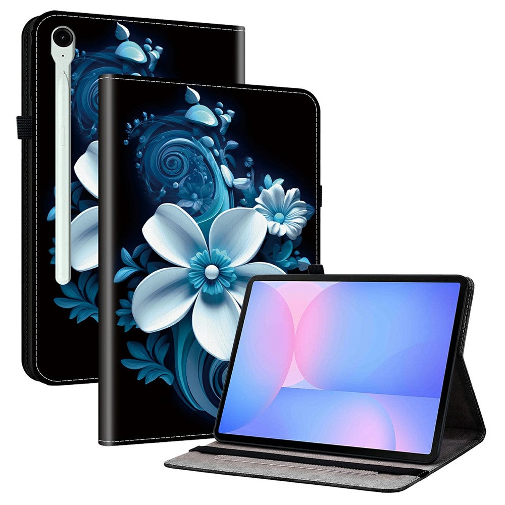 Til Samsung Galaxy Tab S10 FE+ Etui i læder med mønstertryk og standerfunktion samt kortlommer
