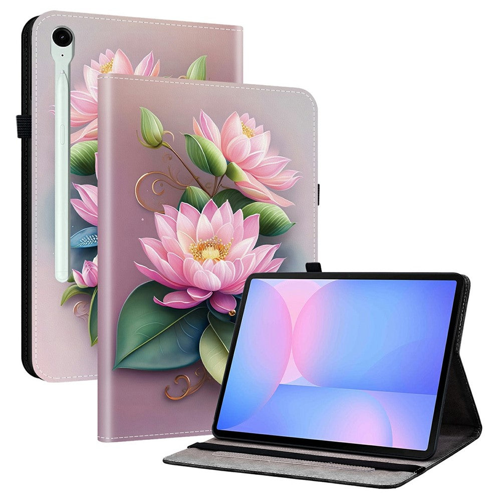Til Samsung Galaxy Tab S10 FE+ Etui i læder med mønstertryk og standerfunktion samt kortlommer