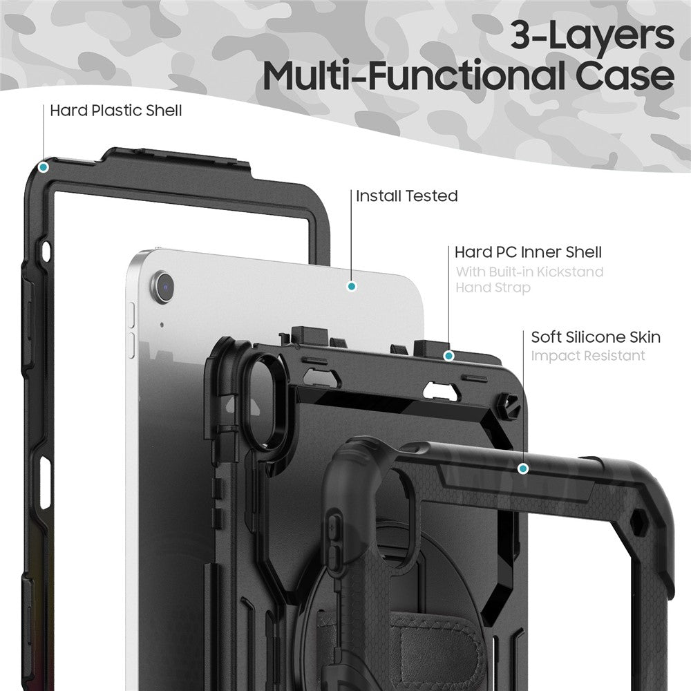 For iPad (2025) / iPad 10.9 (2022) Case Camo Printing PC + Silicone Tablet Cover with PET Film / Shoulder Strap