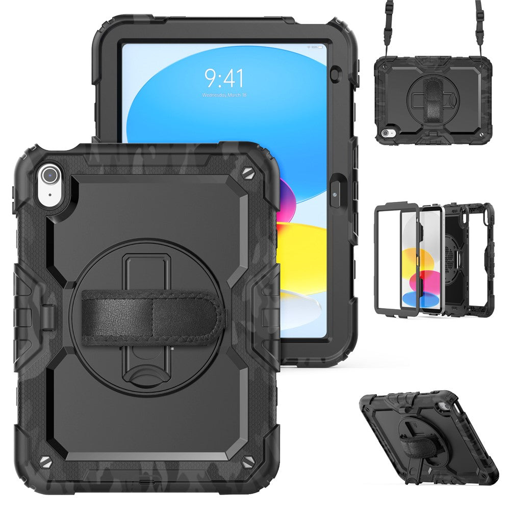 For iPad (2025) / iPad 10.9 (2022) Case Camo Printing PC + Silicone Tablet Cover with PET Film / Shoulder Strap