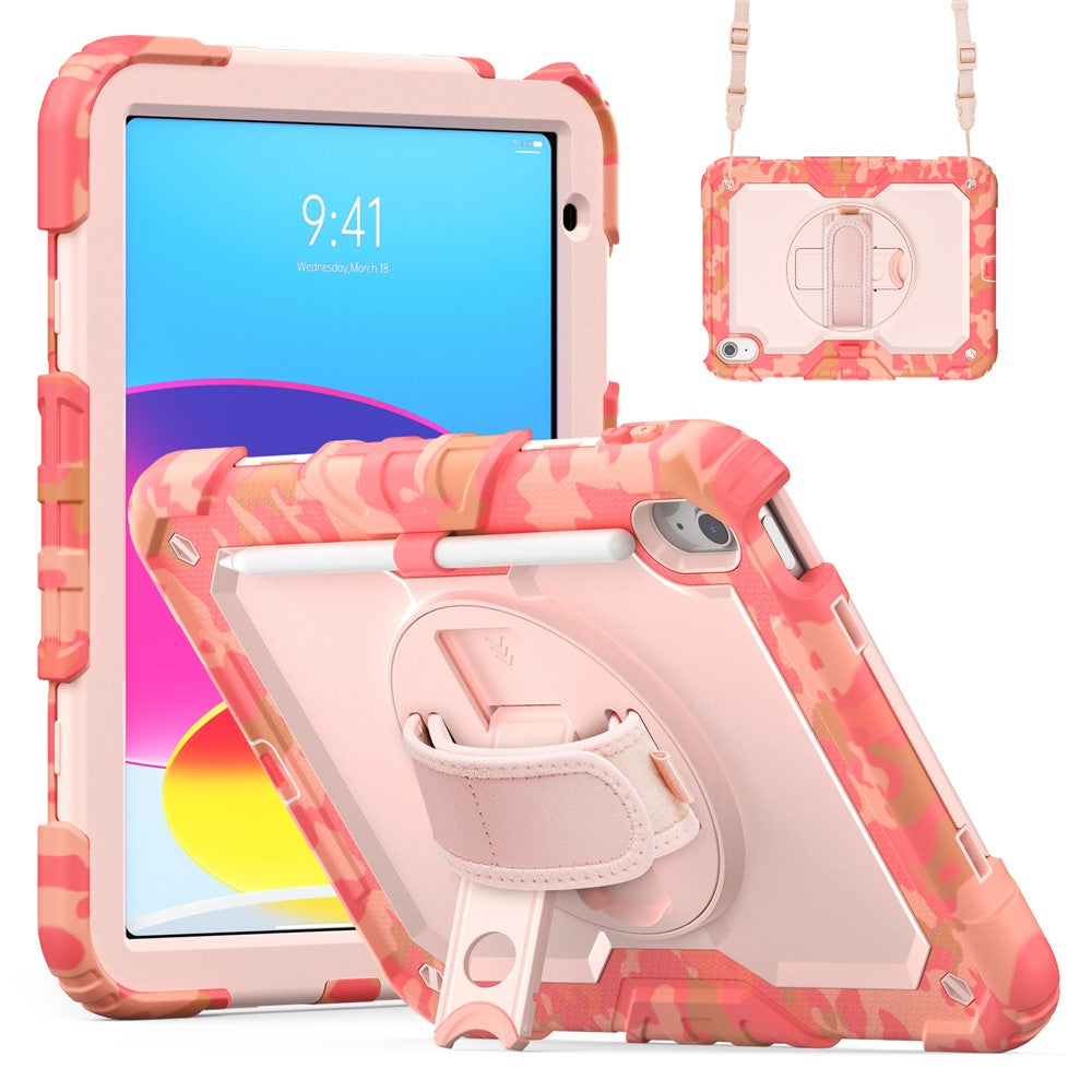 For iPad (2025) / iPad 10.9 (2022) Case Camo Printing PC + Silicone Tablet Cover with PET Film / Shoulder Strap