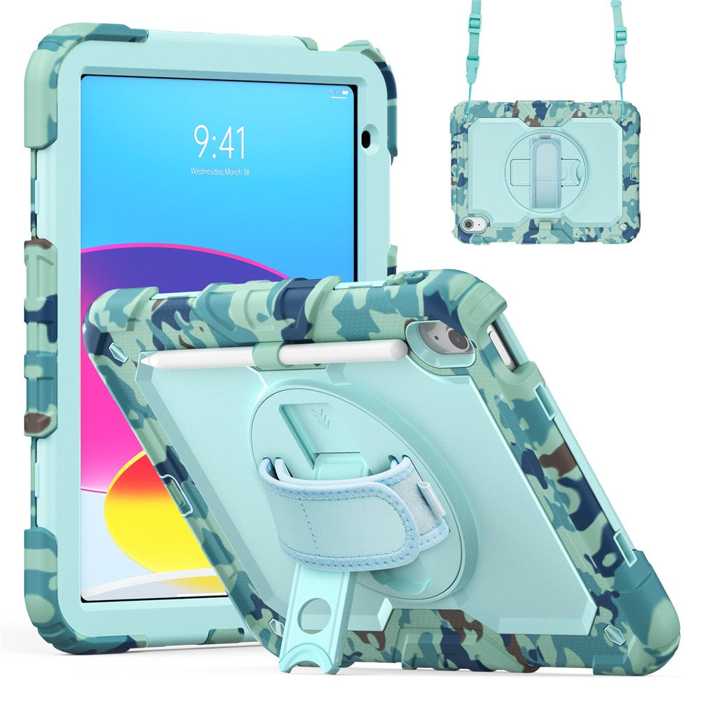 For iPad (2025) / iPad 10.9 (2022) Case Camo Printing PC + Silicone Tablet Cover with PET Film / Shoulder Strap