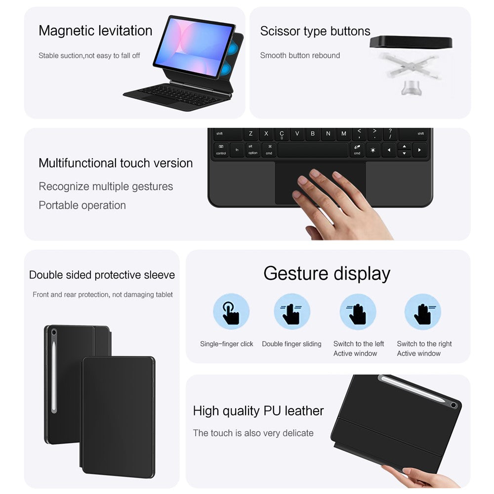 Til Samsung Galaxy Tab S10 FE / S10 Lite / S9 / S8 / S7 FE Magnetisk Flydende Bluetooth-kompatibelt Tastatur (Engelsk) + Tabletcover i Læder