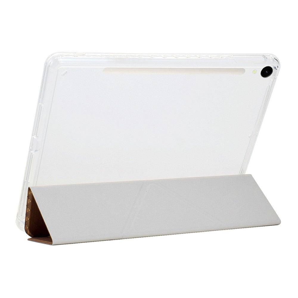 Tablet Case For Samsung Galaxy Tab S10 FE / Tab S9 FE / Tab S9 , Y-Fold Stand Pyramid-Patterned Leather + Clear Acrylic Cover with Pencil Holder