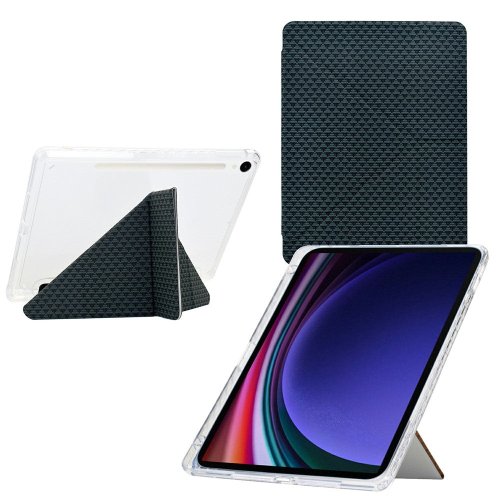 Tablet Case For Samsung Galaxy Tab S10 FE / Tab S9 FE / Tab S9 , Y-Fold Stand Pyramid-Patterned Leather + Clear Acrylic Cover with Pencil Holder