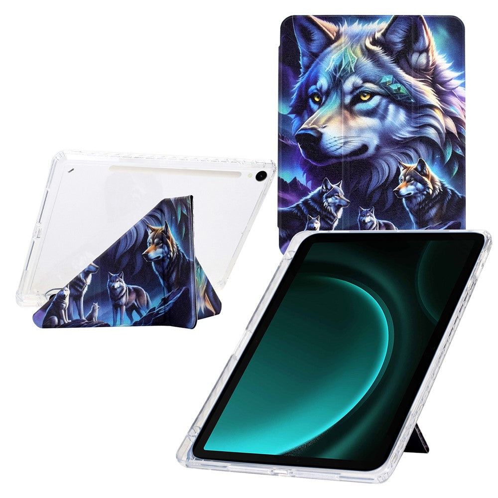 Tablet Case For Samsung Galaxy Tab S10 FE / S9 / S9 FE, Y-Fold Stand Pattern Print Leather + Clear Acrylic Cover with Pencil Holder