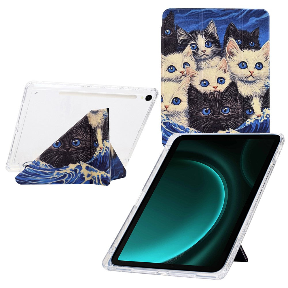 Tablet Case For Samsung Galaxy Tab S10 FE / S9 / S9 FE, Y-Fold Stand Pattern Print Leather + Clear Acrylic Cover with Pencil Holder