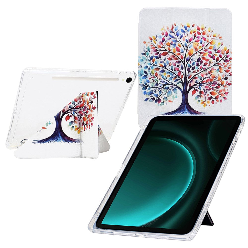 Tablet Case For Samsung Galaxy Tab S10 FE / S9 / S9 FE, Y-Fold Stand Pattern Print Leather + Clear Acrylic Cover with Pencil Holder