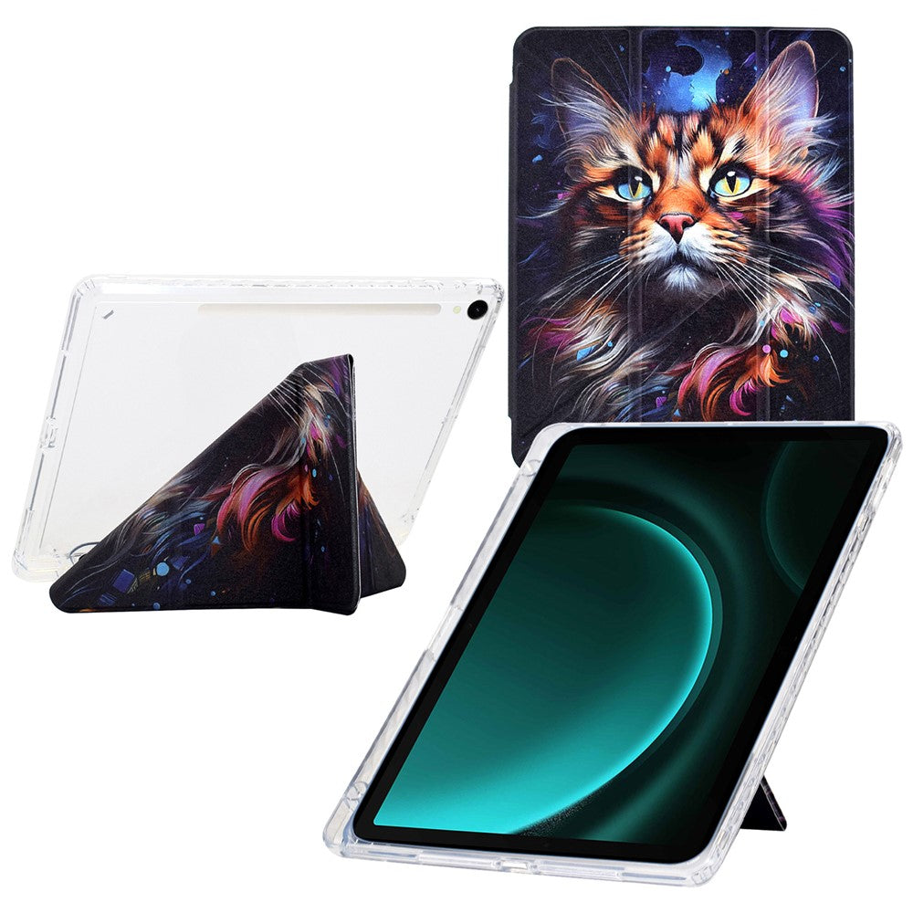 Tablet Case For Samsung Galaxy Tab S10 FE / S9 / S9 FE, Y-Fold Stand Pattern Print Leather + Clear Acrylic Cover with Pencil Holder