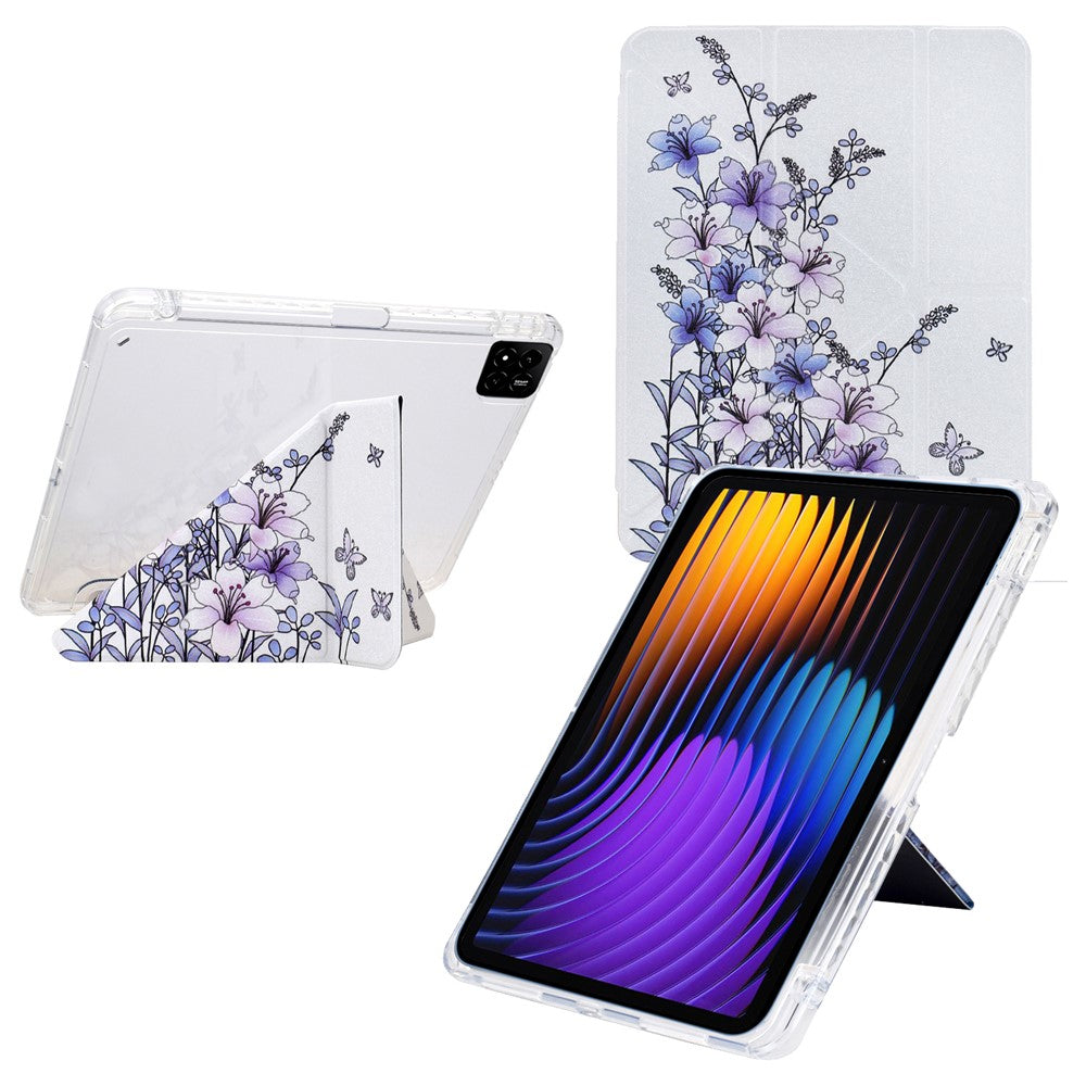 For Xiaomi Pad 7 / Pad 7 Pro Case Y-Fold Stand Pattern Print Leather + Clear Acrylic Tablet Cover with Pencil Holder