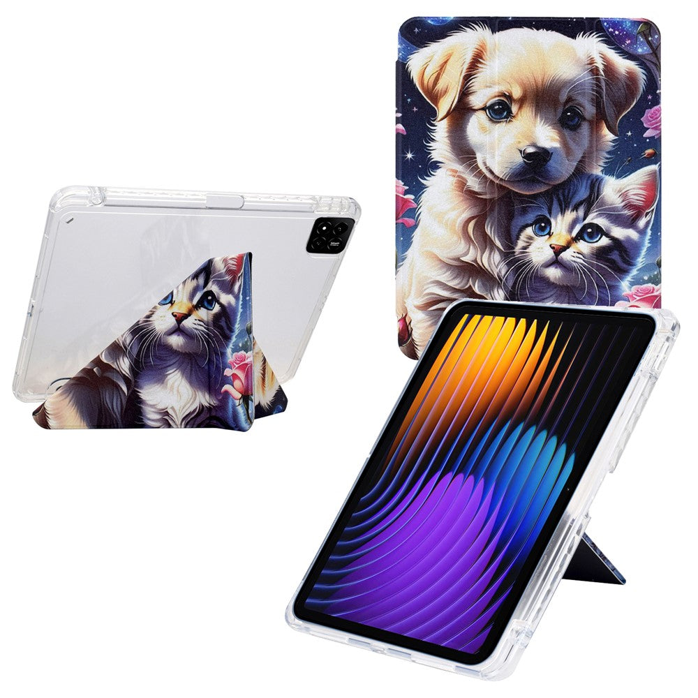 For Xiaomi Pad 7 / Pad 7 Pro Case Y-Fold Stand Pattern Print Leather + Clear Acrylic Tablet Cover with Pencil Holder