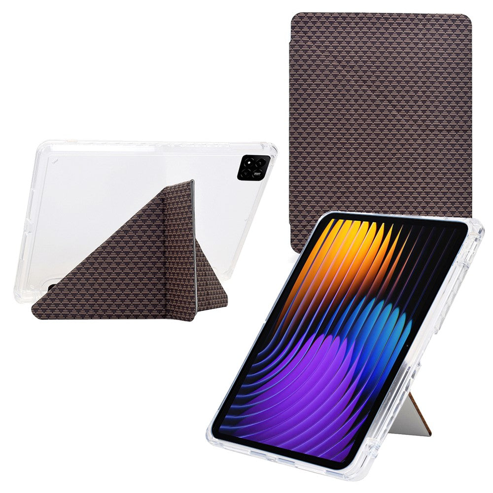 For Xiaomi Pad 7 / Pad 7 Pro Case Y-Fold Stand Pyramid-Patterned Leather + Clear Acrylic Tablet Cover with Pencil Holder