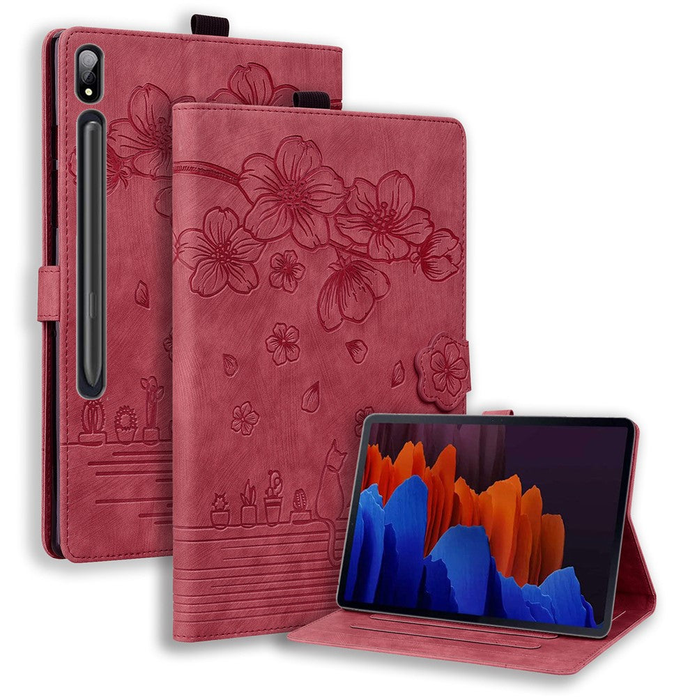Läderfodral till Samsung Galaxy Tab S11 Ultra / S10 Ultra / S9 Ultra / S8 Ultra, Korthållare Surfplatta Stativ Folio Fodral Blomma Katt